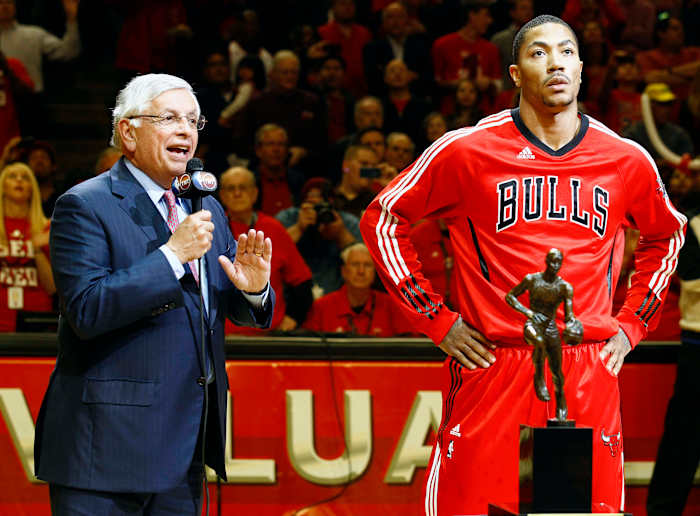 May 4, 2011; Chicago, IL, USA; NBA commissioner David Stern presents the MVP trophy to Chicago Bulls point guard Derrick Rose